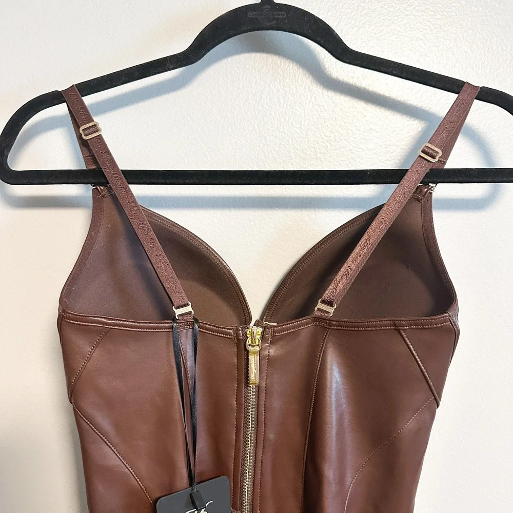 Honey Birdette Emily Deep Mahogany Faux Leather Dress NWT Size XS - Picture 11 of 16
